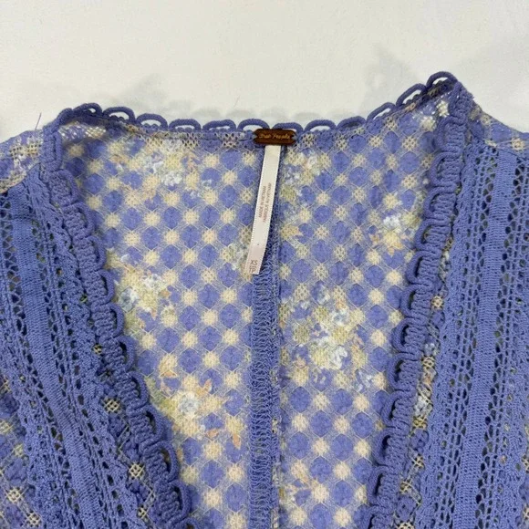 Free People Gingham Floral Lace Cardigan Top Women's XS Blue Sheer Boho V-Neck - Picture 2 of 9